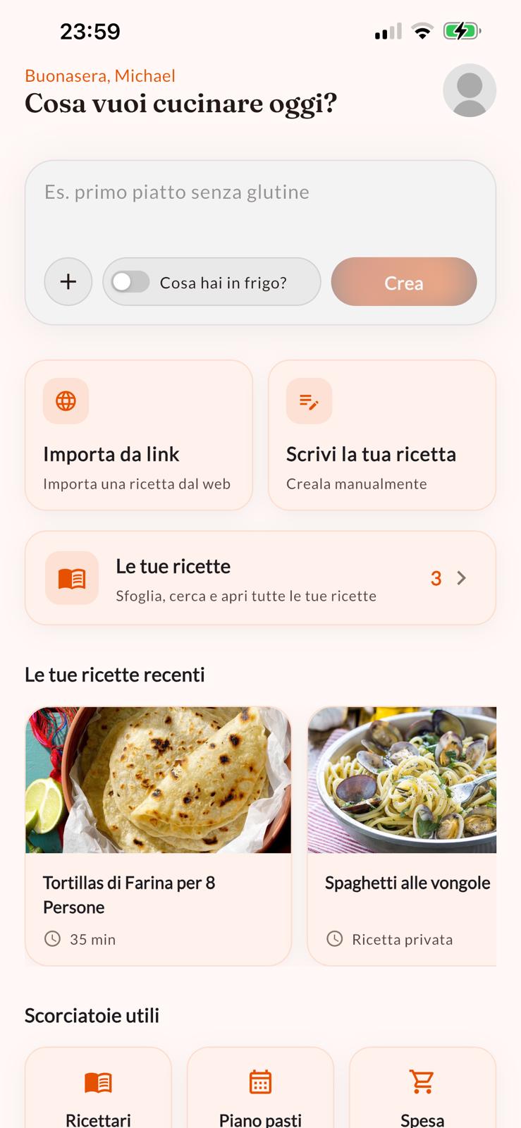 Home di ChefBase: cerca o crea una ricetta e consulta i piatti recenti